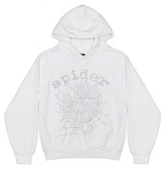 Sp5der OG Rhinestone Logo Hoodie White