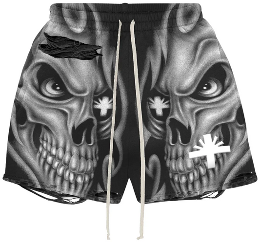 VERTABRAE Black Skull Storm Distressed Shorts