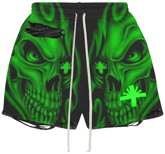 VERTABRAE Green Skull Storm Distressed Shorts