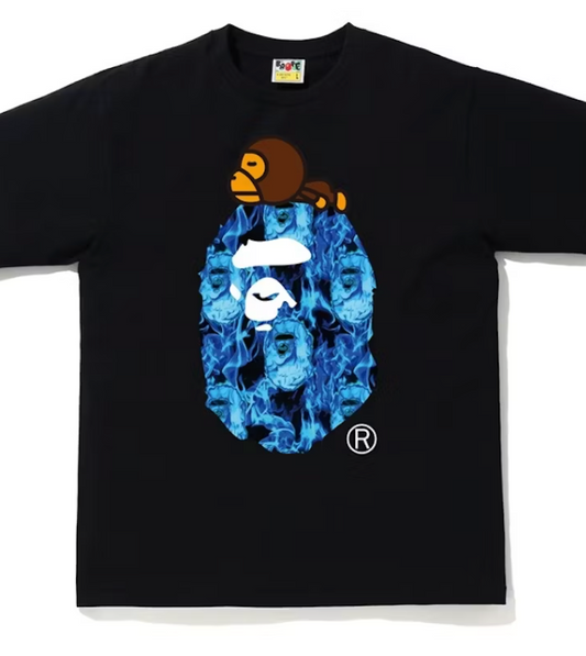 Bape Big Head Blue Fire Black Tee